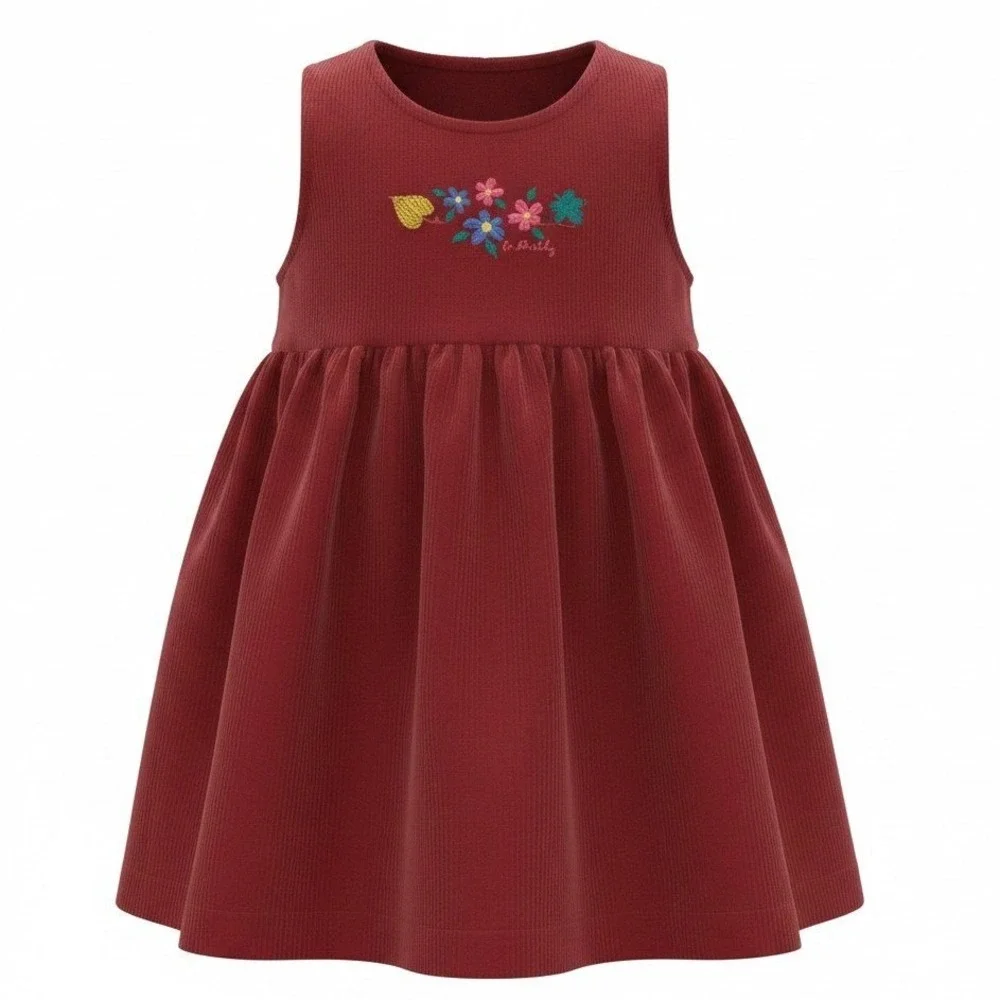 OshKosh B'gosh Jumper Dress Kids 6 Burgundy Corduroy Floral Embroidered Vintage